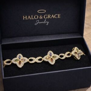14k bracelet with Clover & Infinity multicolored gem stones